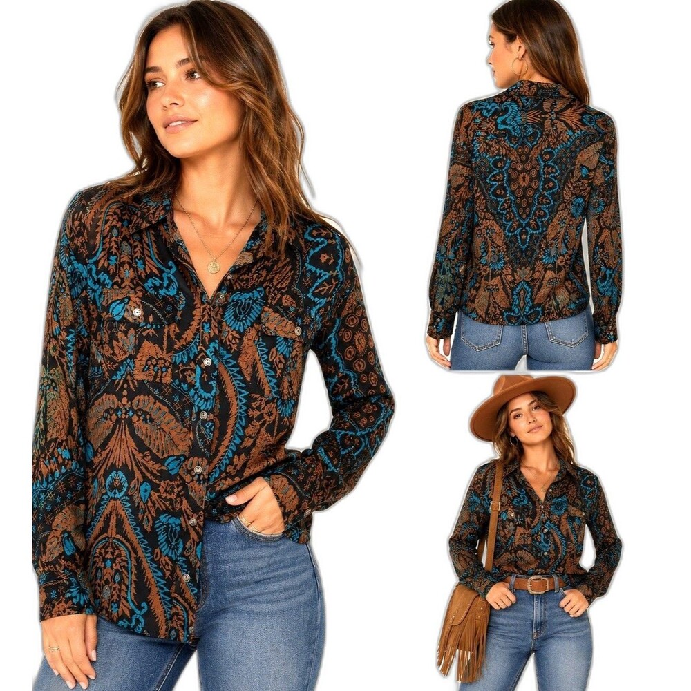 Lucky Brand 100% Silk Boho Batik Western Print Button Up Shirt Brown Teal Small
